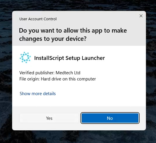 Windows prompt for InstallScript Setup Launcher, verified publisher Medtech Ltd