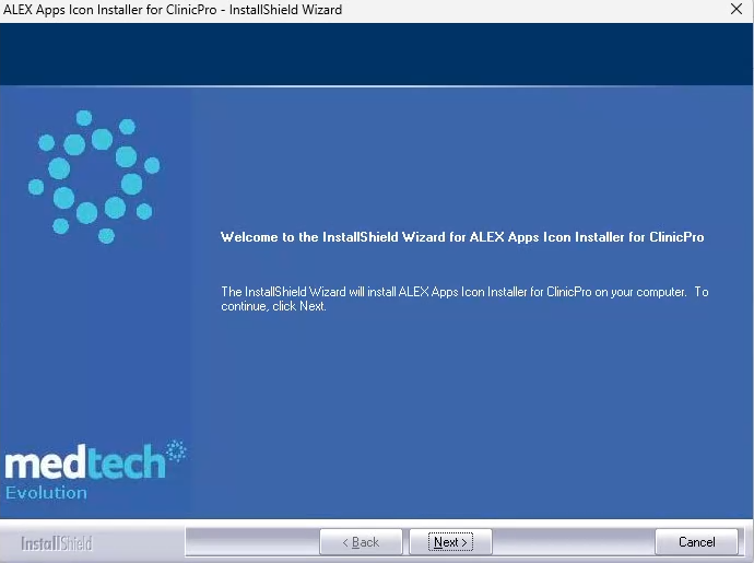 Installer welcome screen with a Next button