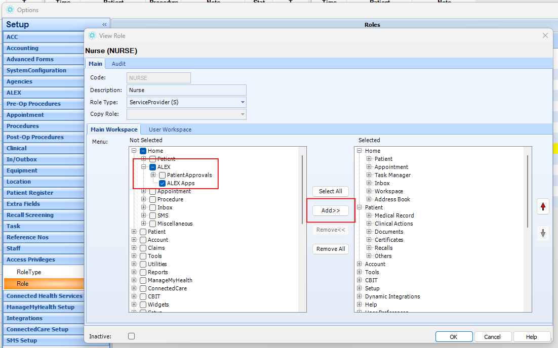 Evolution View Role window with Home, ALEX, ALEX Apps ticked and the Add button highlighted